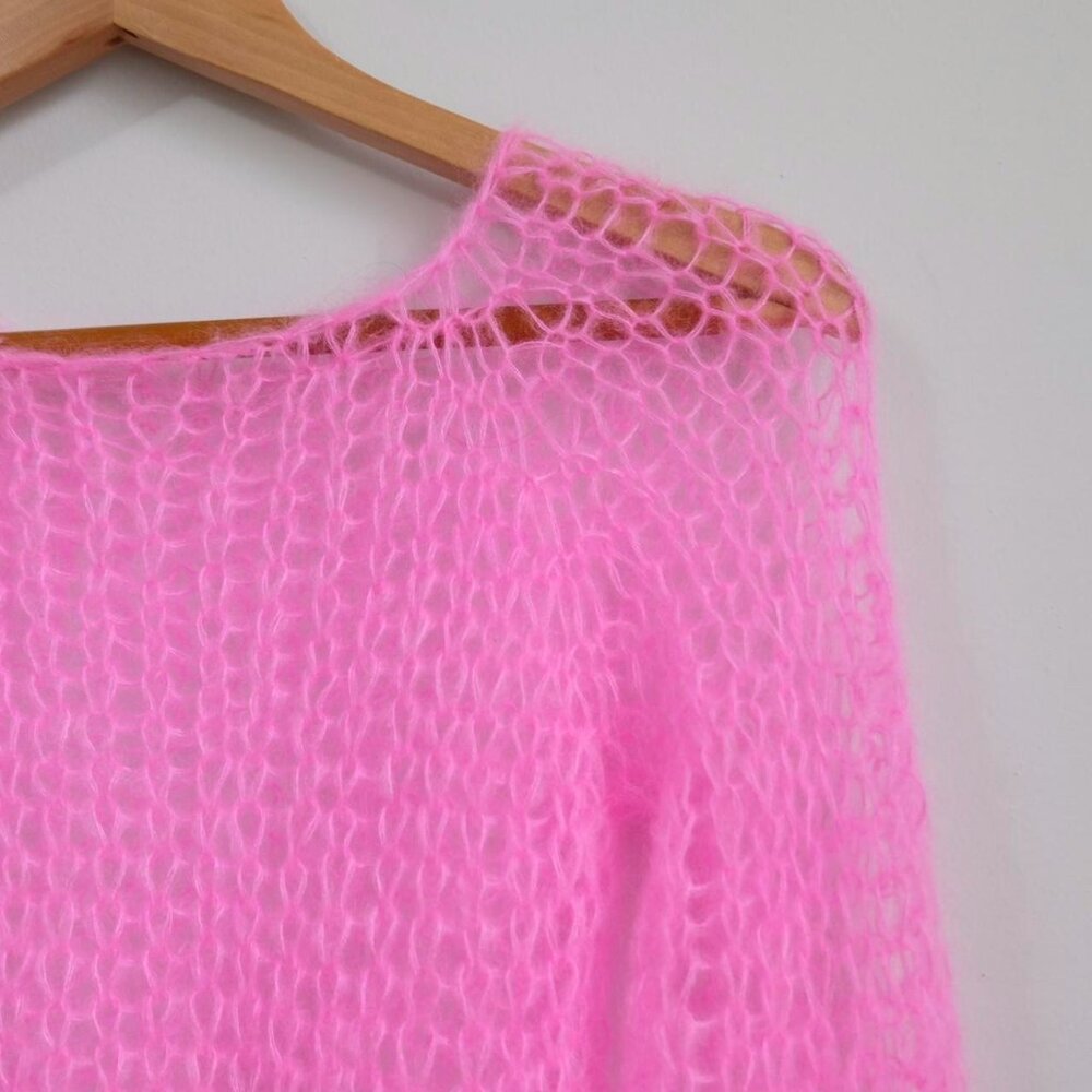 Handmade neon pink mohair open knit mesh sweater Size S - Picture 2 of 3